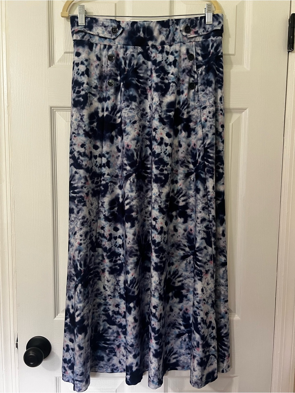 Robert Louis Women’s L Tie-Dye Maxi Skirt Blue White Pink Pockets Button Front